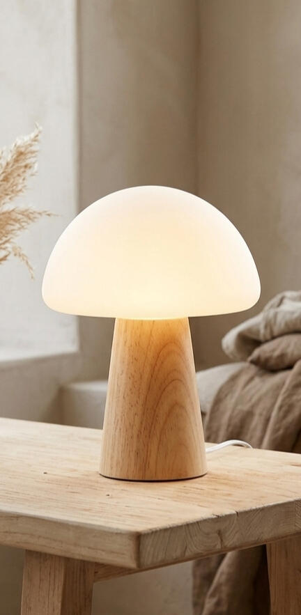 Minimalist wooden mushroom lamp with warm soft lighting