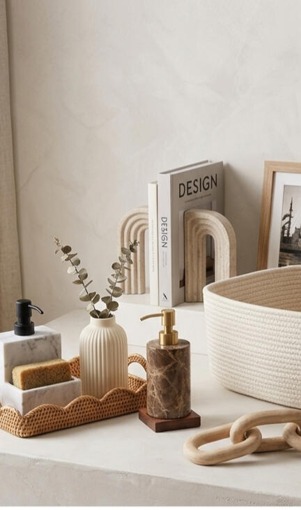 Minimalist shelf styling featuring neutral storage solutions, decorative books, and bath essentials for a calm, organized space.