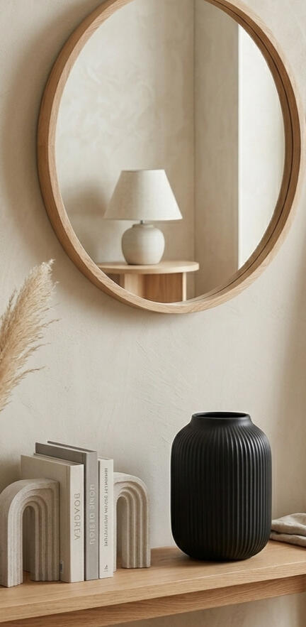 Reflect & Refine Minimalist Mirrors A stylish, minimalist rounded mirror reflecting a calm interior space, perfect for adding depth to your home decor
